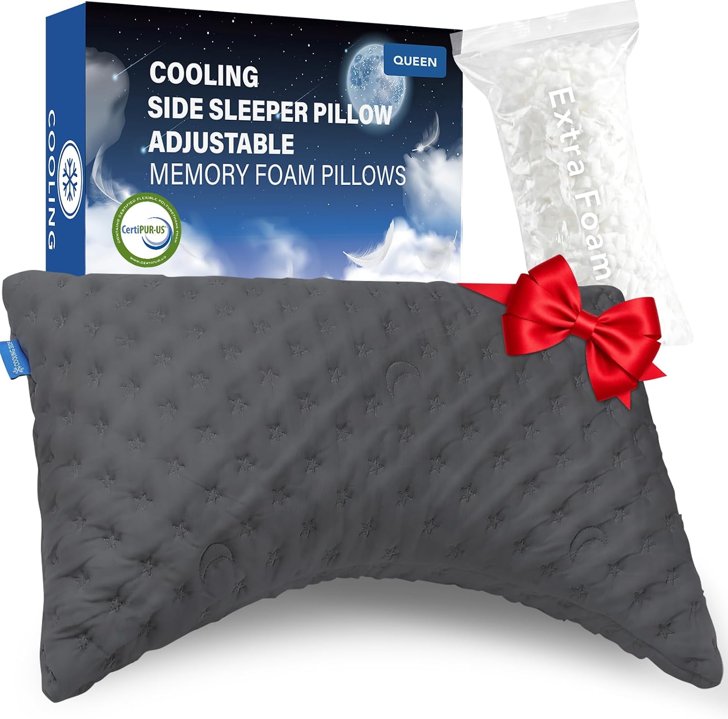 KUCEY Cooling Side Sleeper Pillow for Neck and Shoulder Pain, Luxury Shredded Memory Foam Curved Bed Pillows for Sleeping Set of 1- Adjustable Queen Size- Washable Cover Crescent Grey