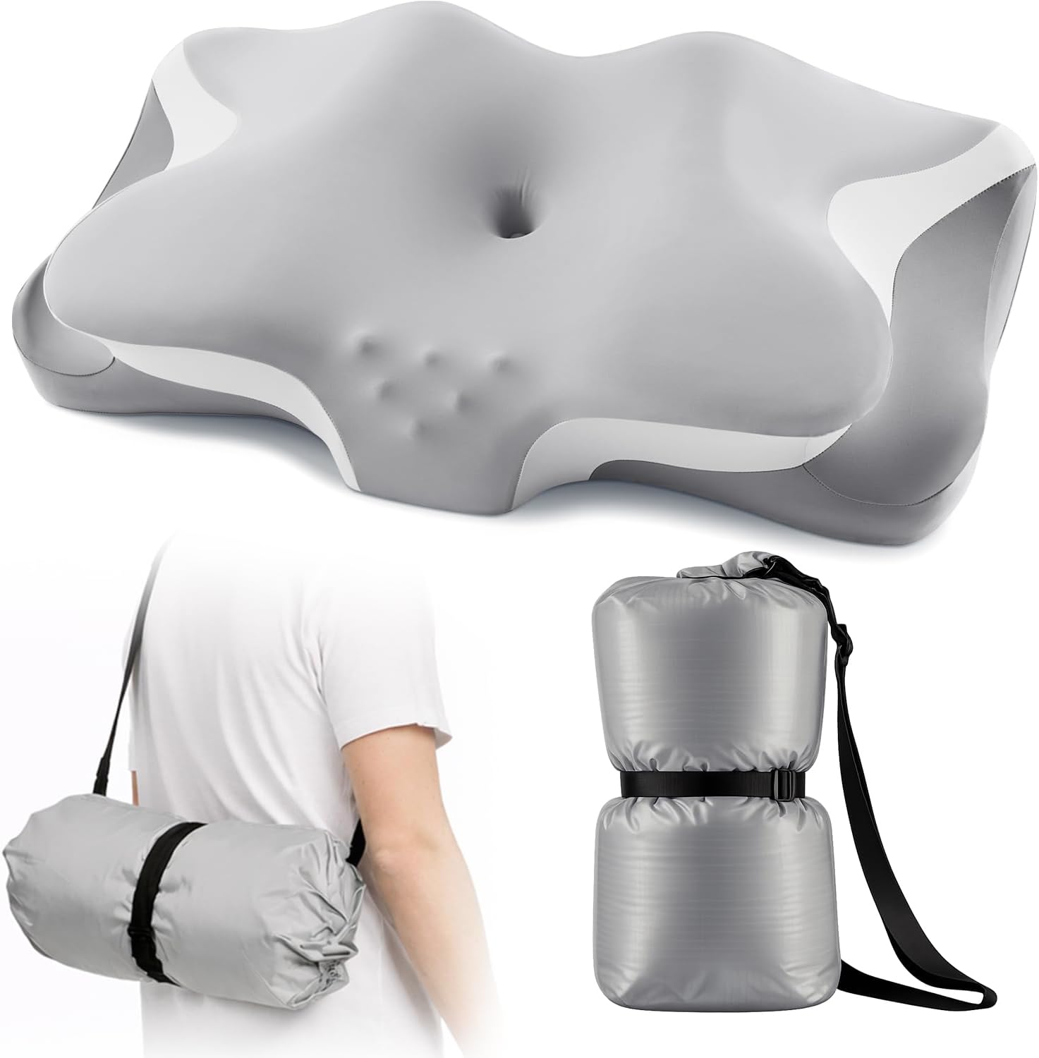 Camping Pillow with Hand-Rolled Vacuum Bag - Cooling Cervical Pillow for Sleeping, Ergonomic Memory Foam Pillows for Indoor & Outdoor Use, Neck Pillow for Side Back Stomach Sleepers Light Grey