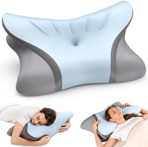 Pain Relief Cervical Neck Pillow, Ergonomic Contour, Q-Max Cooling, Non-Temperature Memory Foam, Side/Back/Stomach Sleeper Support for Sleeping, Reading, Scrolling, (White &amp; Dark Grey)