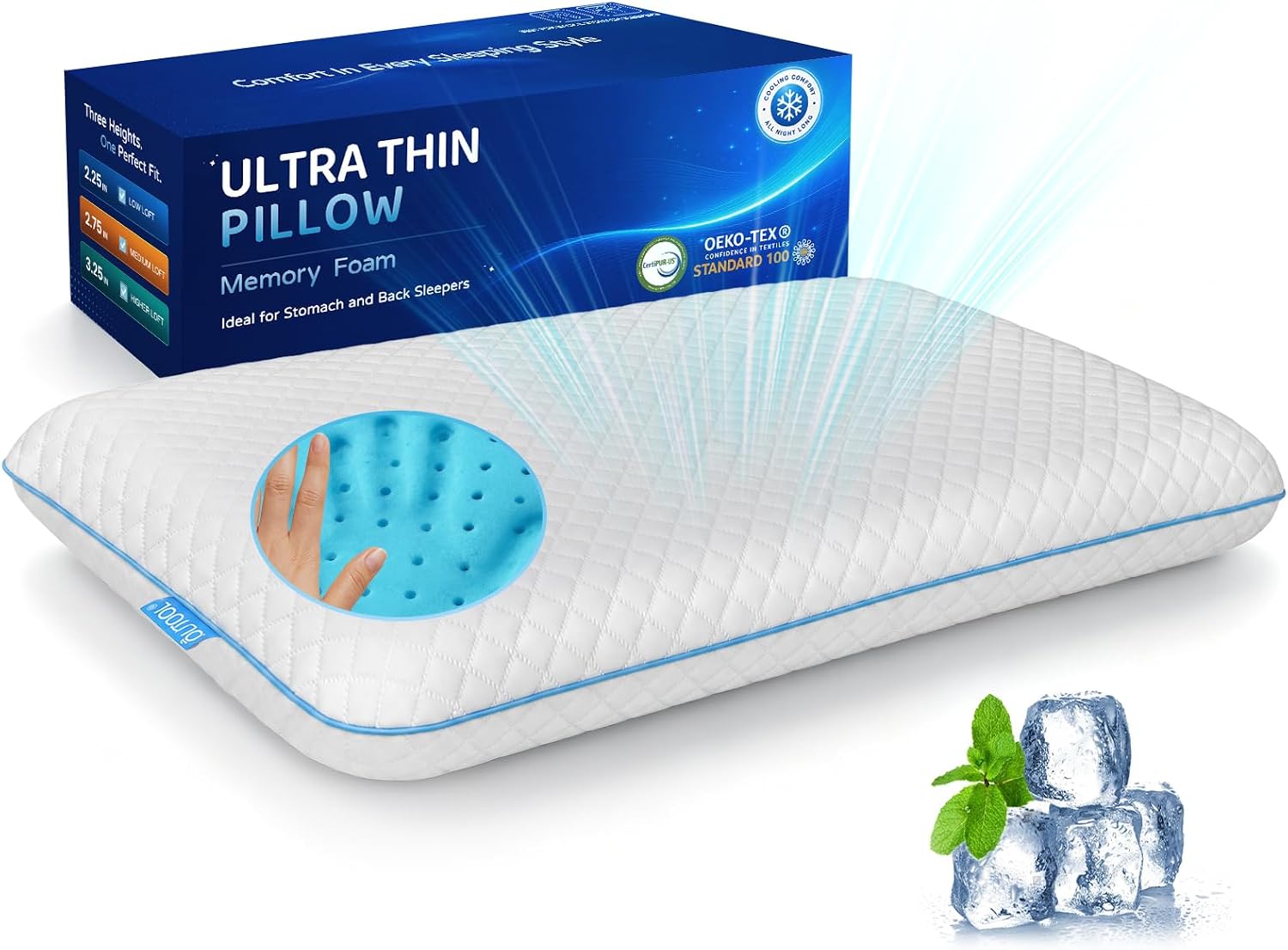 Thin Flat Memory Foam Pillow, Slim Bed Pillow for Stomach & Back Sleepers